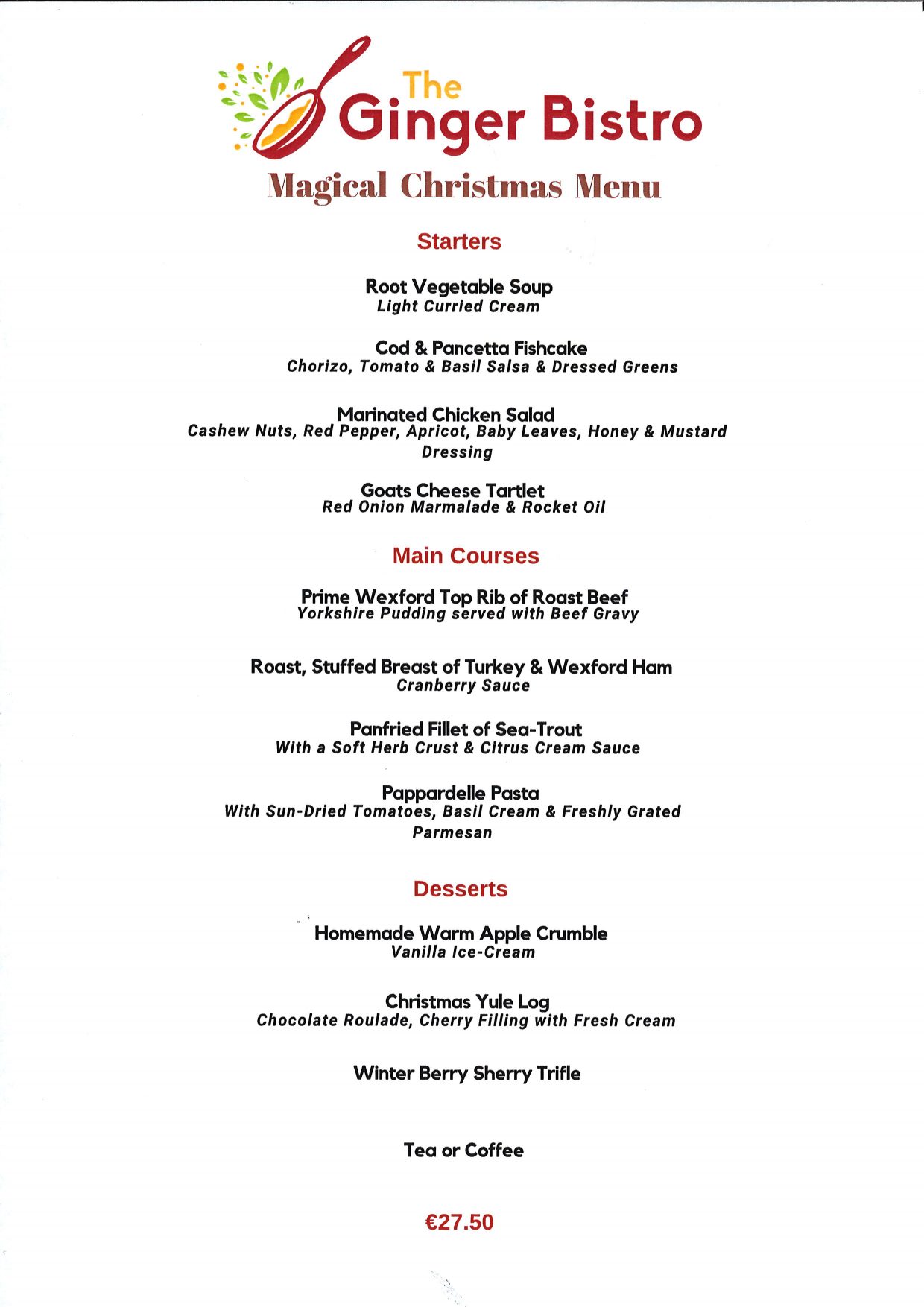 Ginger Bistro Christmas Menu Wexford Golf Club